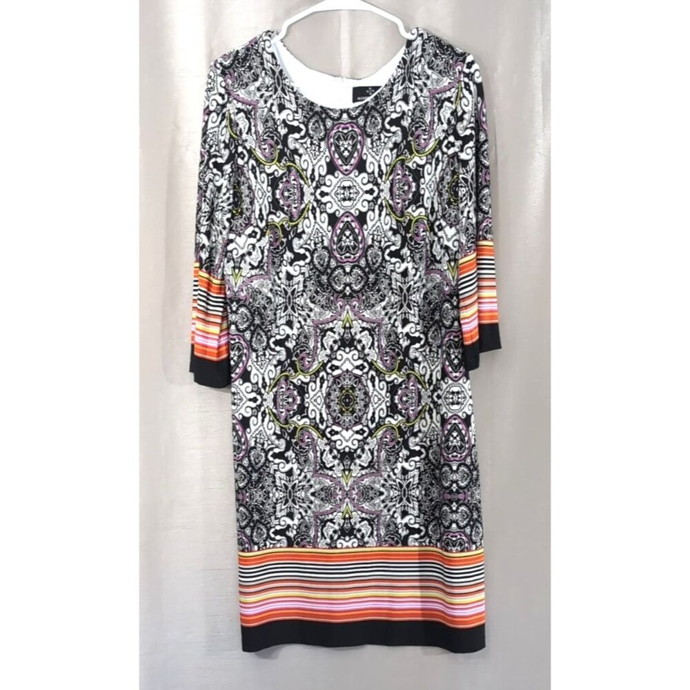 Ronni Nicole Sheath Dress Size 10 B&W Paisley & Colorful Striped Trim Career